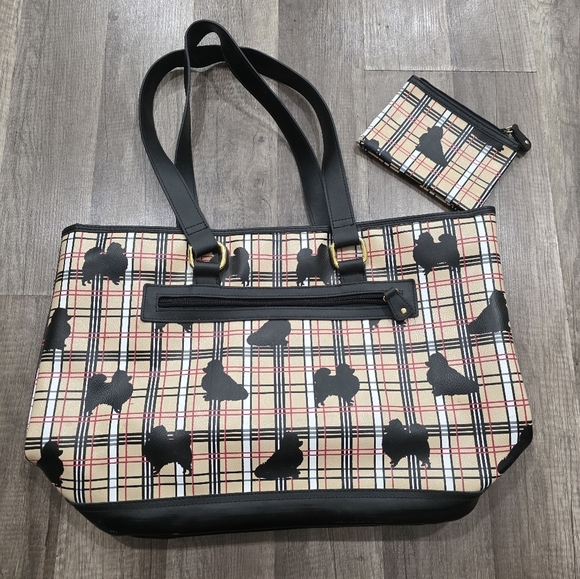 Tartan Pomeranian Poodle Dog Tote Bag Set Burberry Tan Red Y2k - Picture 1 of 10